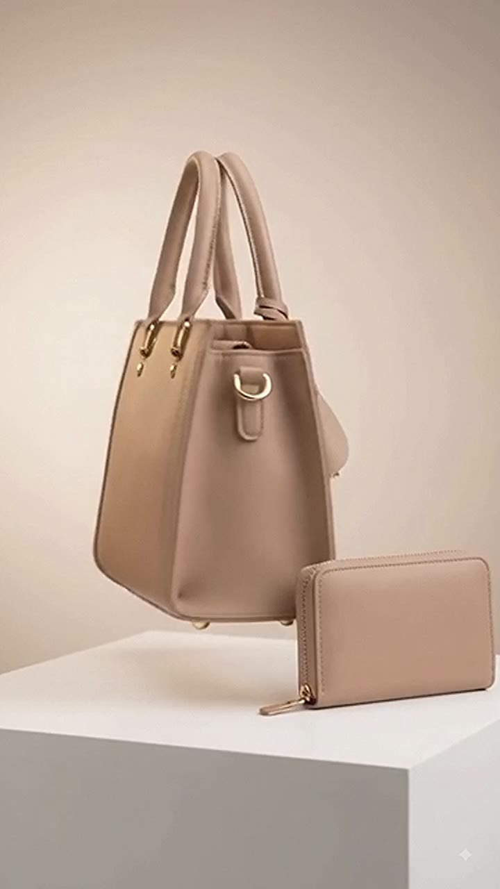 Taupe handbag with matching purse photographed against a soft luxury display