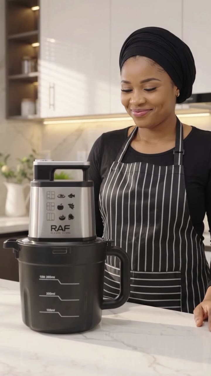 Black and stainless steel food processor in a light modern kitchen
